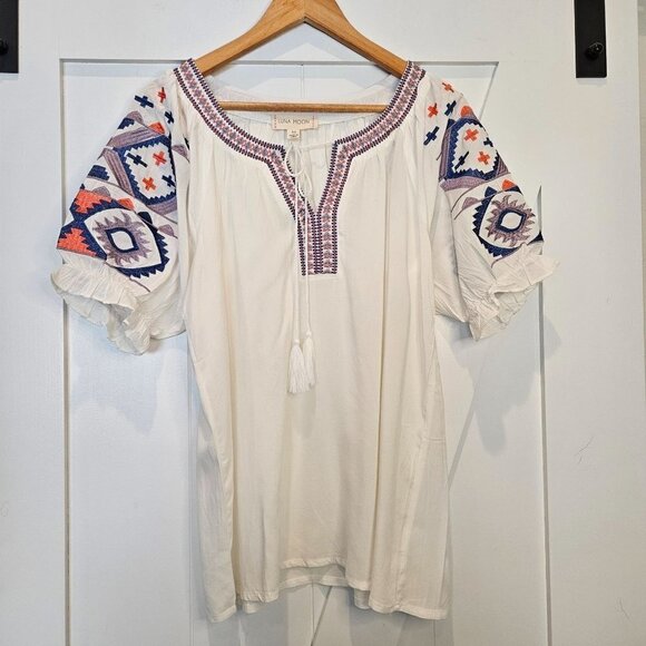 Luna Moon Anthropologie Boho Peasant Top Flower Embroidery size Medium - Picture 1 of 11